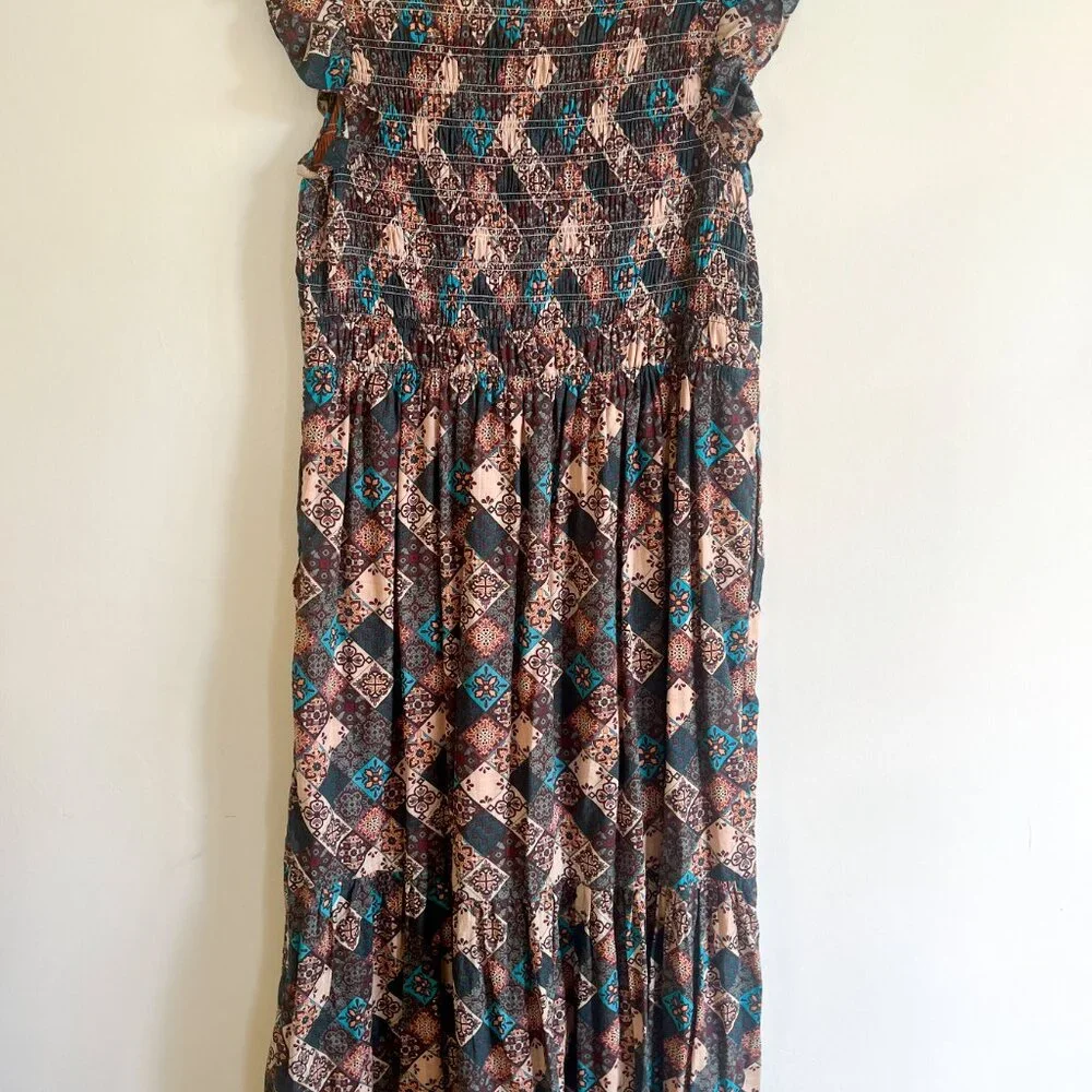 Anthropologie Smocked Ruffle Peregrine Midi Dress Turquoise Patch XL - Picture 5 of 14